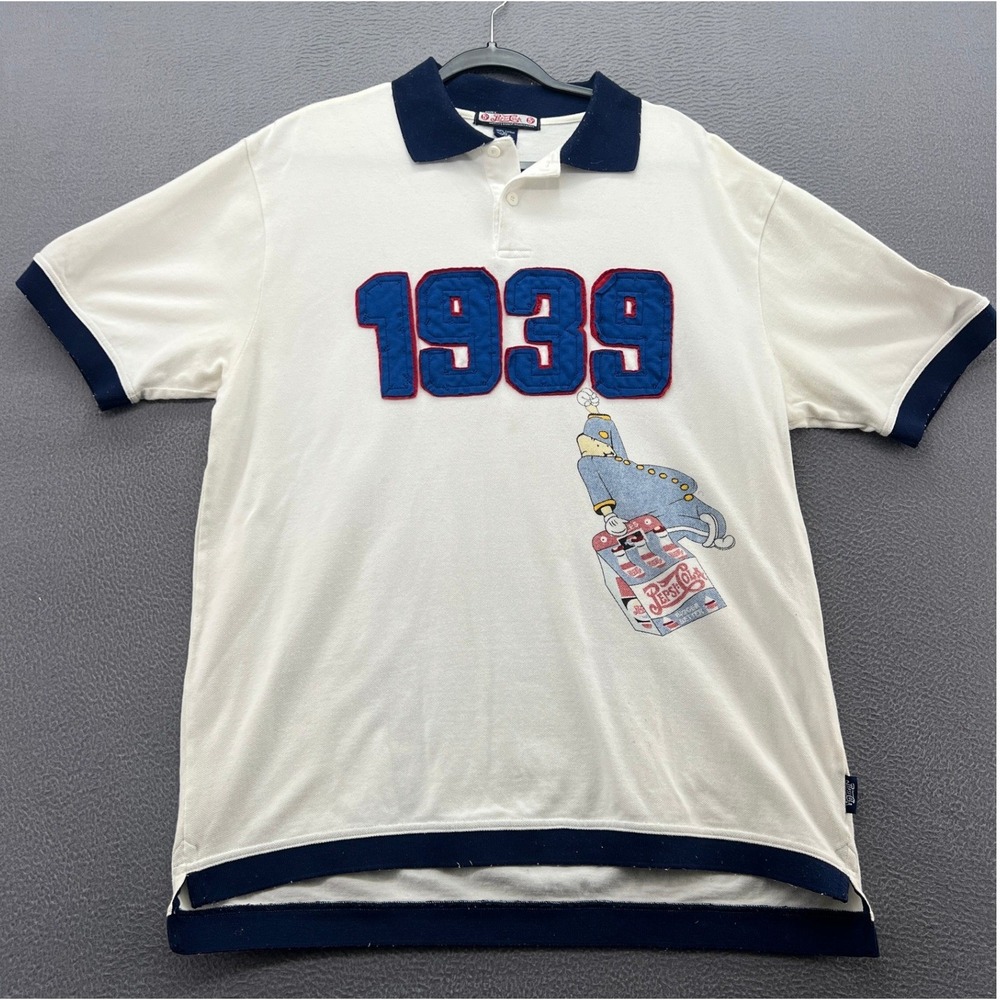 Vintage Pepsi Cola 1939 Graphic Polo Shirt Mens XL White Navy Pique Cotton XL